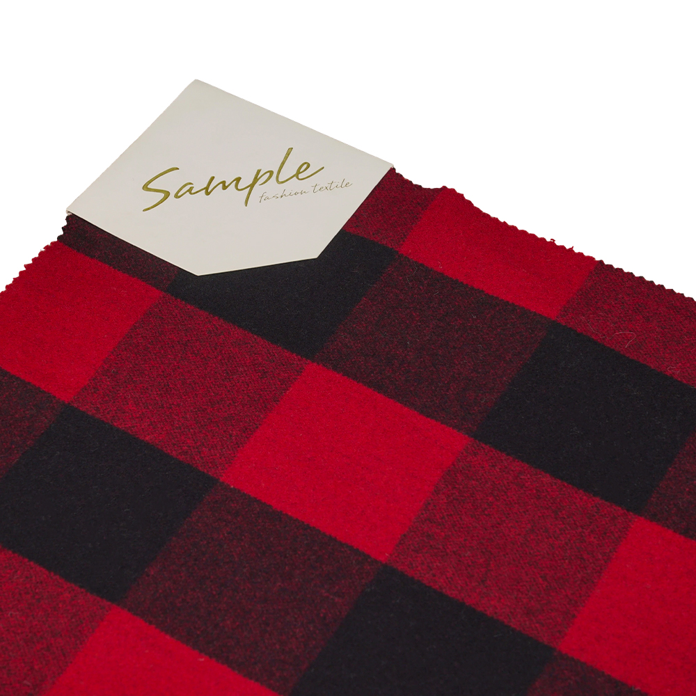 L% Lana, 40% Polyester, 10% Fiber, 760G/M, Black and Red Plaid, Melton Fabric, ML-3010354