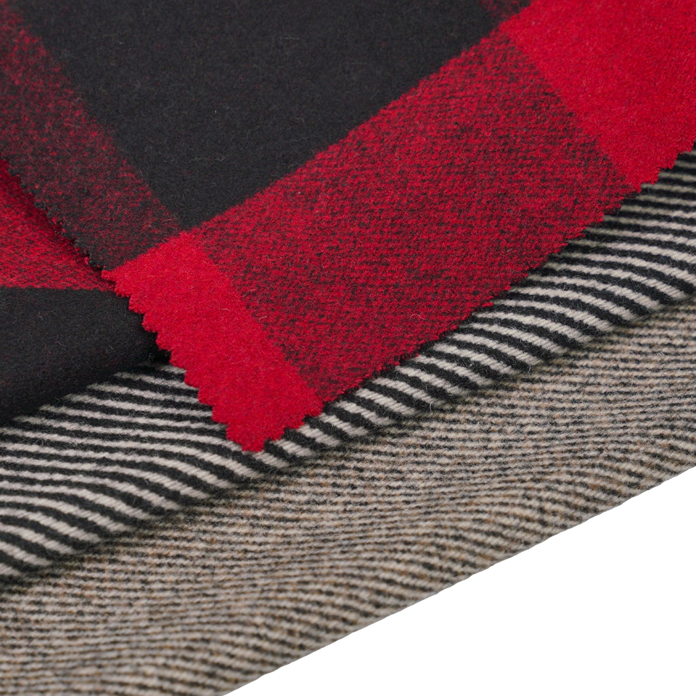 L% Lana, 40% Polyester, 10% Fiber, 760G/M, Black and Red Plaid, Melton Fabric, ML-3010354